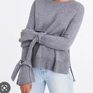 Madewell BLUE heather tie cuff pullover sweater size Large NWT